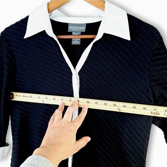 Notations Black & White Long Sleeve Blouse Top Contrast Lapel Collar Cuffs Sz M - Picture 6 of 9